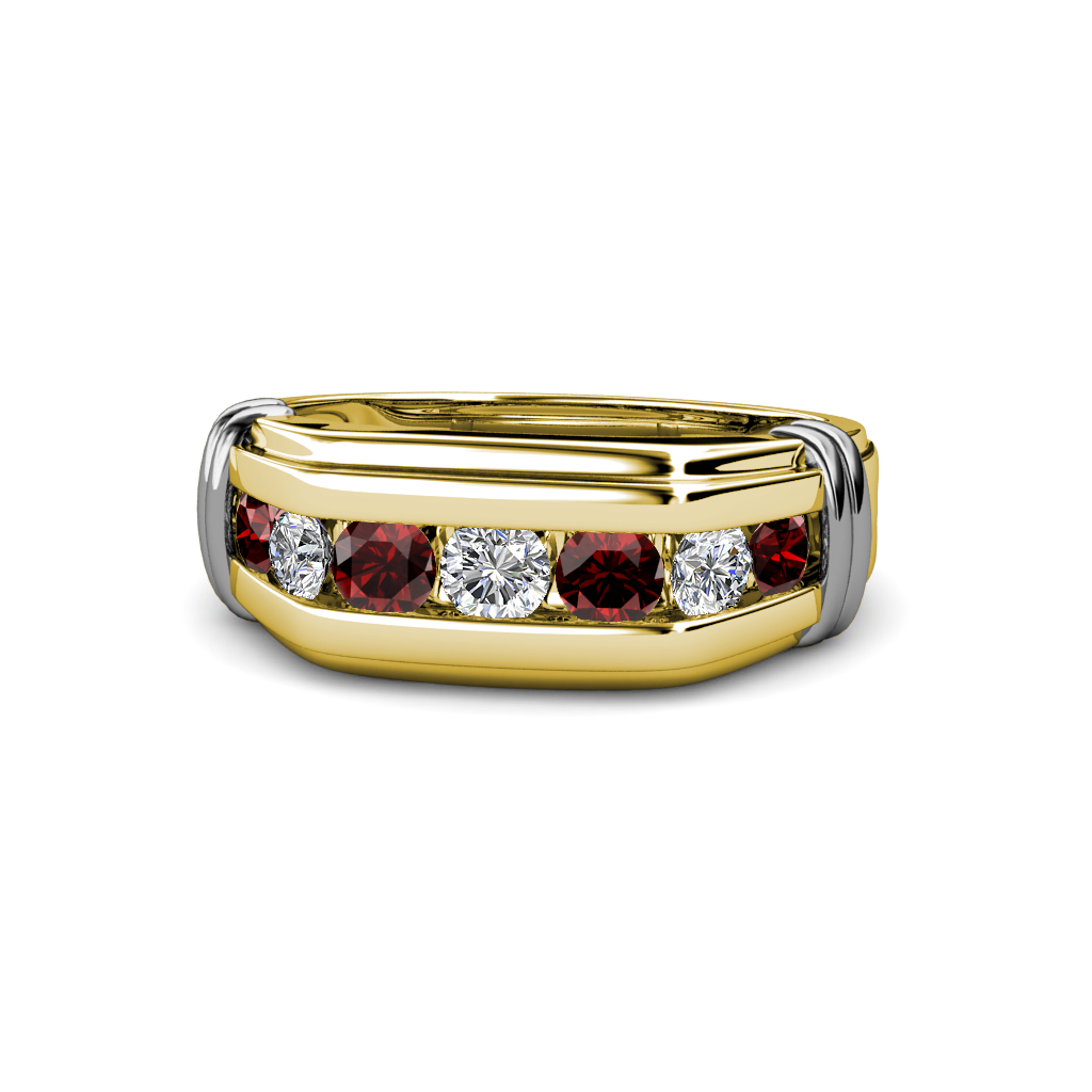 Brad Round Red Garnet and Diamond 7 Stone Men Wedding Ring (8.5 mm) 